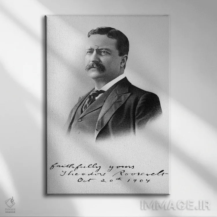 تابلو دکوراتیو دهه ۱۹۰۰ پرتره تئودور روزولت، بیست وششمین رئیس جمهور ایالا… اثر تصاویر وینتج - نمای روبهرو روی دیوار