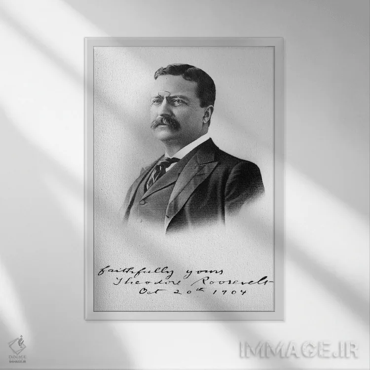 تابلو دکوراتیو دهه ۱۹۰۰ پرتره تئودور روزولت، بیست وششمین رئیس جمهور ایالا… اثر تصاویر وینتج - نمای قابدار سفید