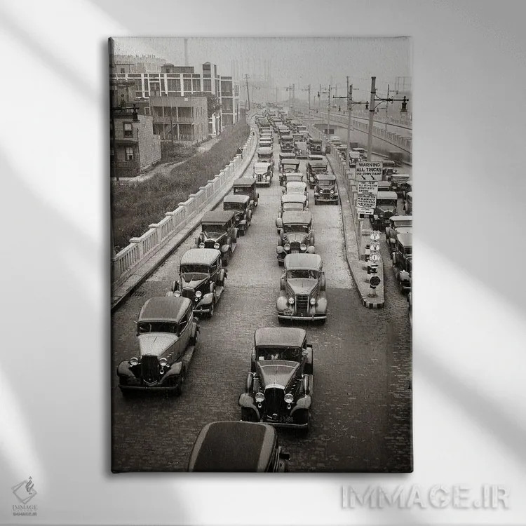 تابلو مدرن ترافیک عصر شلوغی خودروها از پل اسکای وی بالسکی به سمت تونل هال… اثر تصاویر وینتج - نمای روبهرو روی دیوار
