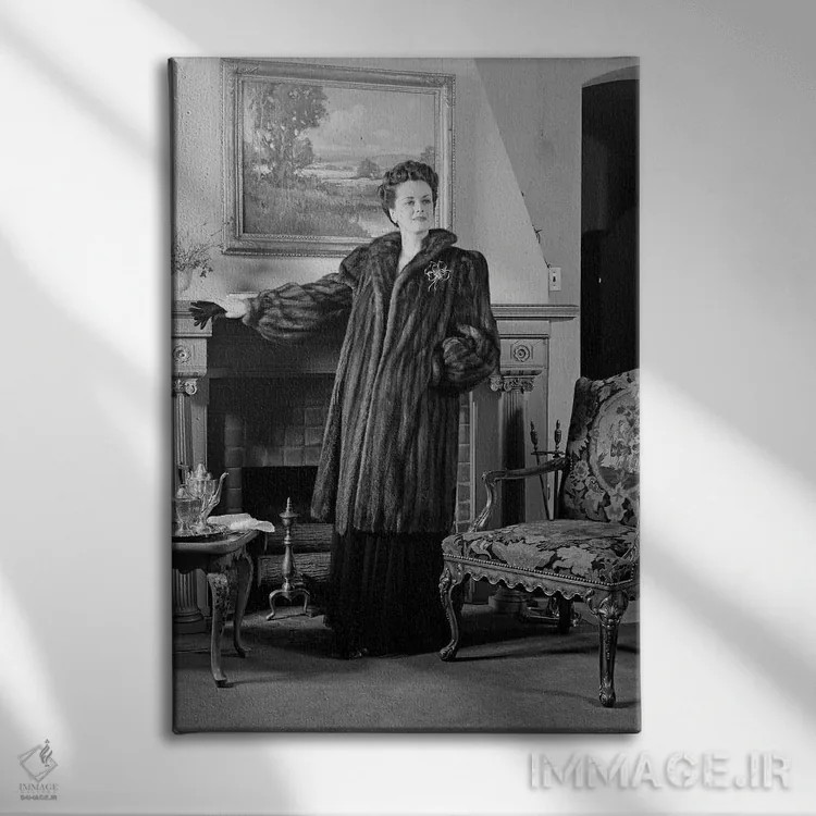 تابلو دکوراتیو زن ایستاده در اتاق پذیرایی رسمی جلوی شومینه با لباس خز بلن… اثر تصاویر وینتج - نمای روبهرو روی دیوار