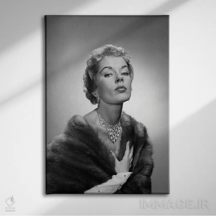 تابلو دکوراتیو پرتره زن شیک پوش با شنل خز، گردنبند و گوشواره مجلل دهه ۱۹۵… اثر تصاویر وینتج - نمای روبهرو روی دیوار