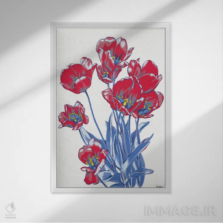 تابلو دکوراتیو دسته گل لاله اثر ویتالـی کوماروف - نمای قابدار سفید
