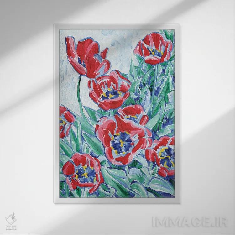 تابلو دکوراتیو دسته گل لاله اثر ویتالـی کوماروف - نمای قابدار سفید