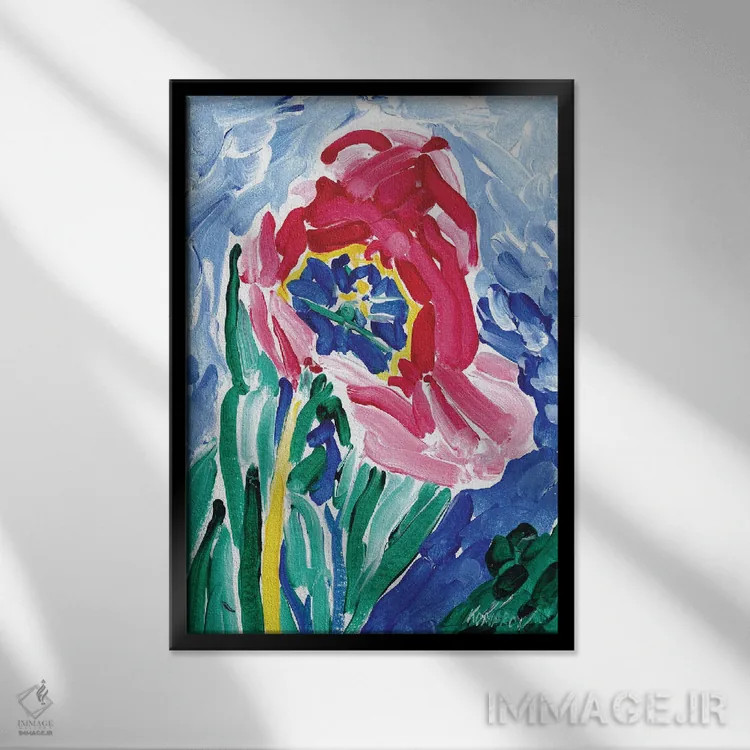 تابلو دکوراتیو لاله روی زمینه آبی اثر ویتالـی کوماروف - نمای قابدار مشکی