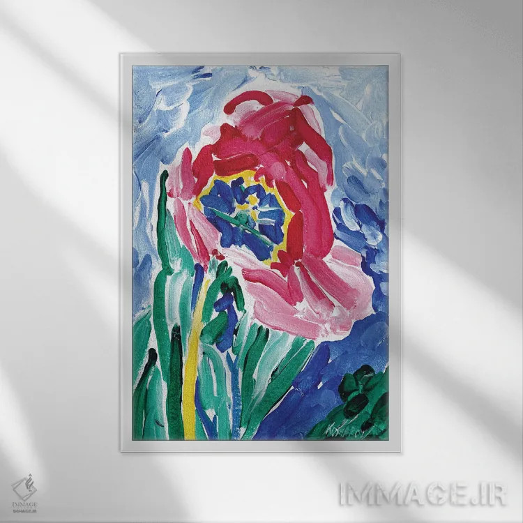 تابلو دکوراتیو لاله روی زمینه آبی اثر ویتالـی کوماروف - نمای قابدار سفید