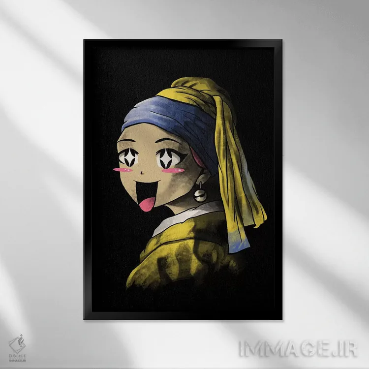 تابلو دکوراتیو بامزه با گوشواره مروارید اثر وینسنت ترینیداد - نمای قابدار مشکی