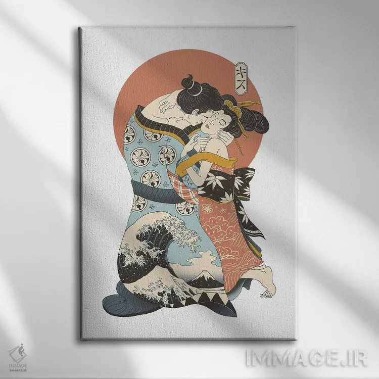 تابلو دکوراتیو بوسه به سبک اوکی یو-ئه اثر وینسنت ترینیداد - نمای روبهرو روی دیوار