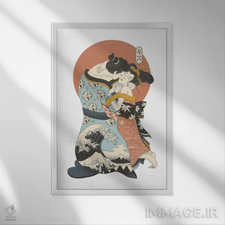 تابلو دکوراتیو بوسه به سبک اوکی یو-ئه اثر وینسنت ترینیداد - نمای قابدار سفید