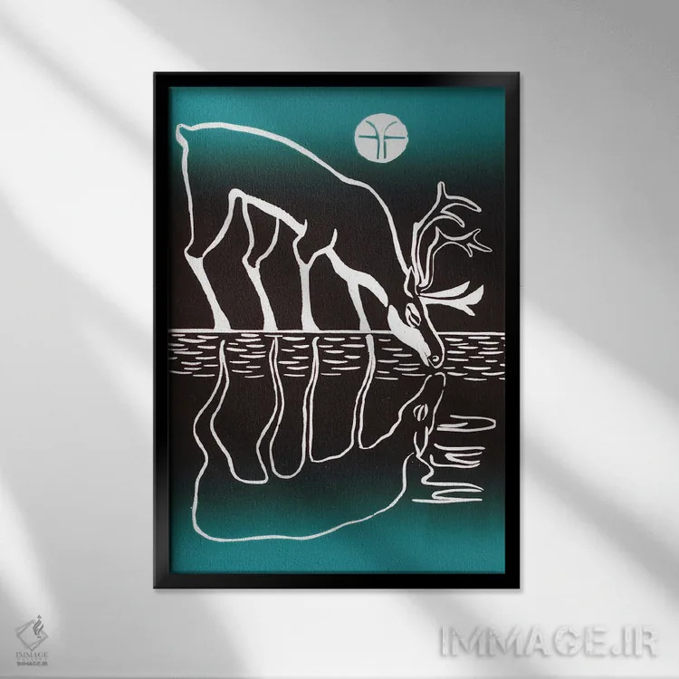 تابلو دکوراتیو گوزن در حال نوشیدن اثر وادیم واسکوفسکی - نمای قابدار مشکی