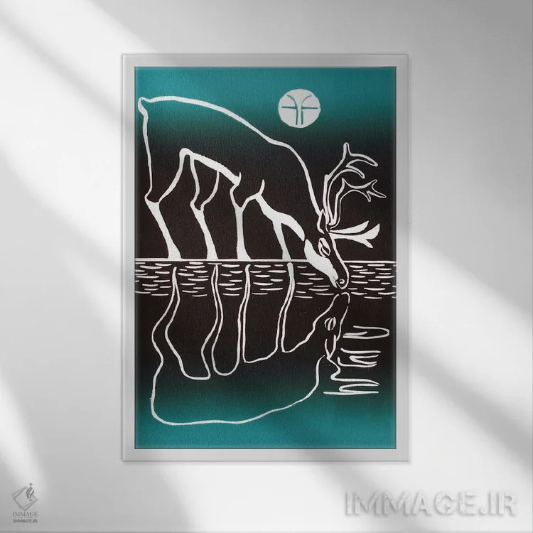 تابلو دکوراتیو گوزن در حال نوشیدن اثر وادیم واسکوفسکی - نمای قابدار سفید