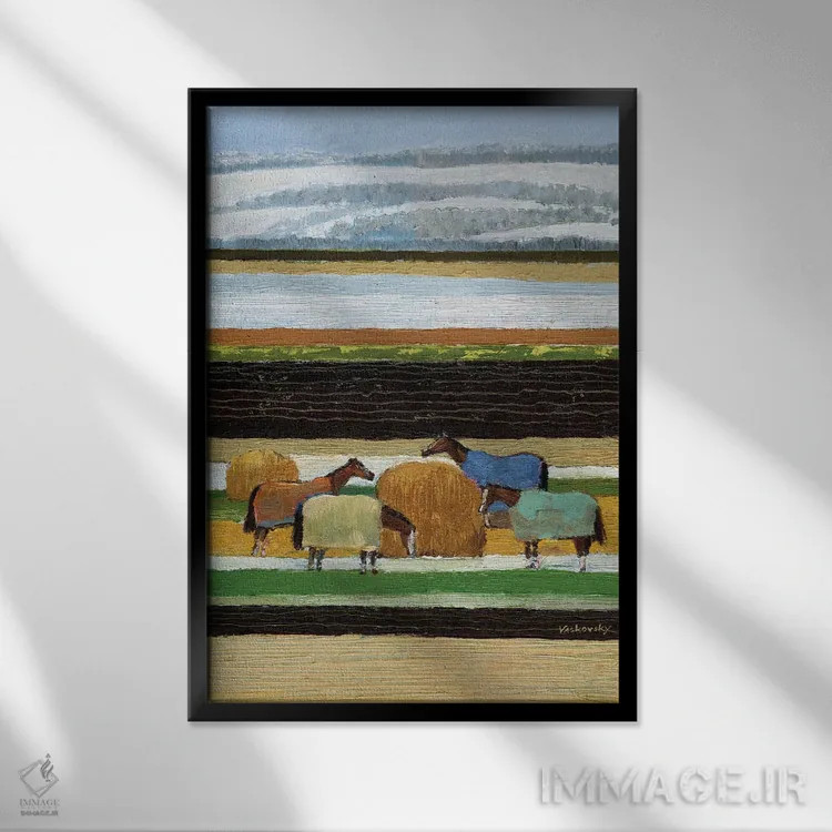 تابلو دکوراتیو اسب ها در پتو اثر وادیم واسکوفسکی - نمای قابدار مشکی