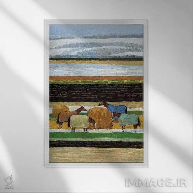 تابلو دکوراتیو اسب ها در پتو اثر وادیم واسکوفسکی - نمای قابدار سفید