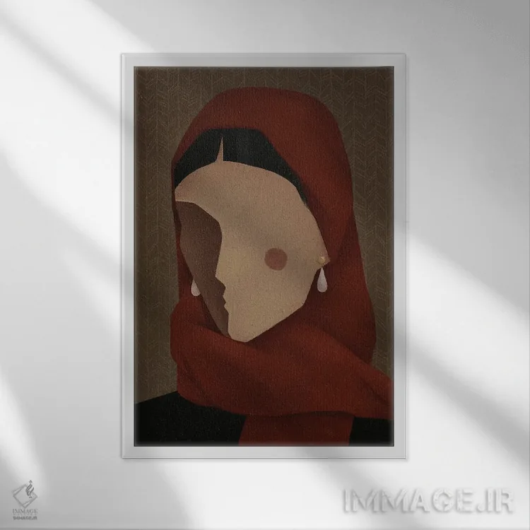 تابلو مدرن زن با شال قرمز اثر والریا سیمانتوفسکایا - نمای قابدار سفید