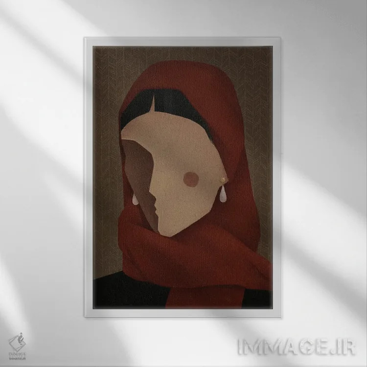 تابلو مدرن زن با شال قرمز اثر والریا سیمانتوفسکایا - نمای قابدار سفید