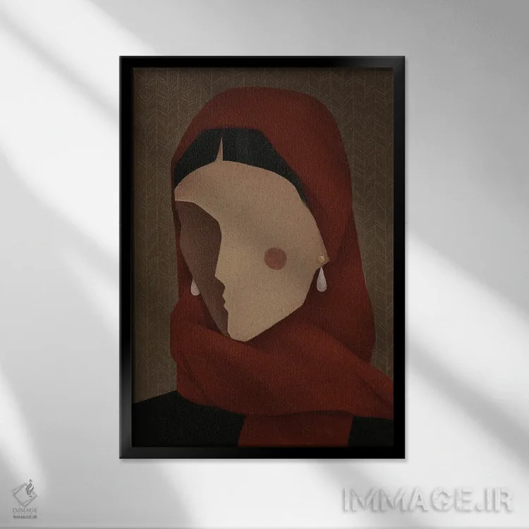 تابلو مدرن زن با شال قرمز اثر والریا سیمانتوفسکایا - نمای قابدار مشکی