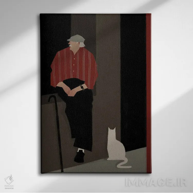 تابلو مدرن مرد سالخورده با یک گربه اثر والریا سیمانتوفسکایا - نمای روبهرو روی دیوار