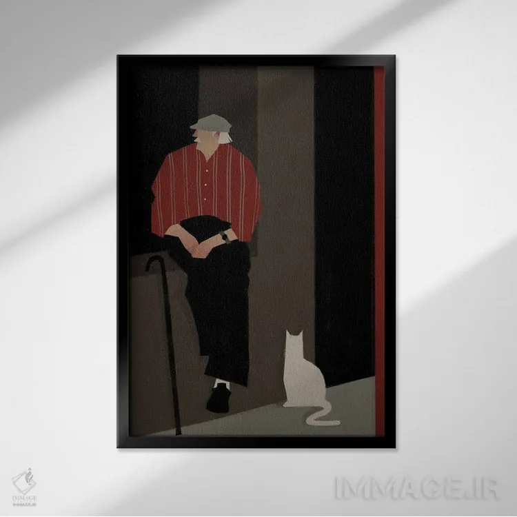 تابلو مدرن مرد سالخورده با یک گربه اثر والریا سیمانتوفسکایا - نمای قابدار مشکی