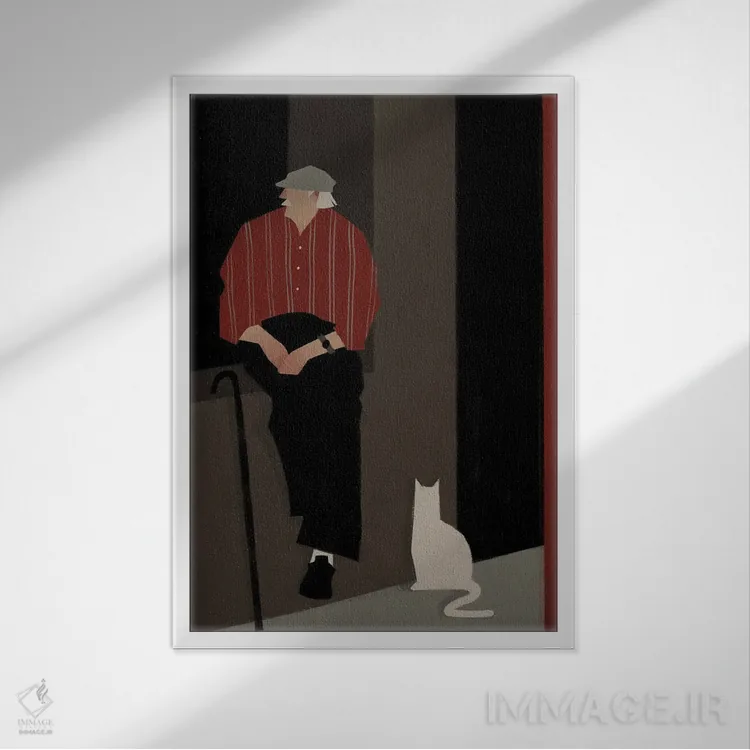 تابلو مدرن مرد سالخورده با یک گربه اثر والریا سیمانتوفسکایا - نمای قابدار سفید