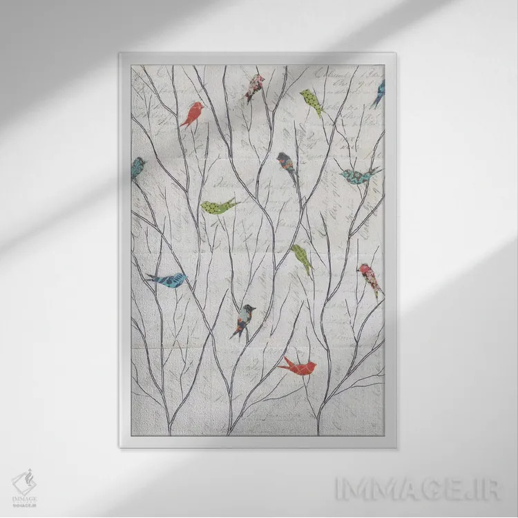 تابلو مدرن پس زمینه پرندگان تابستانی شماره یک اثر کورتنی پرال - نمای قابدار سفید