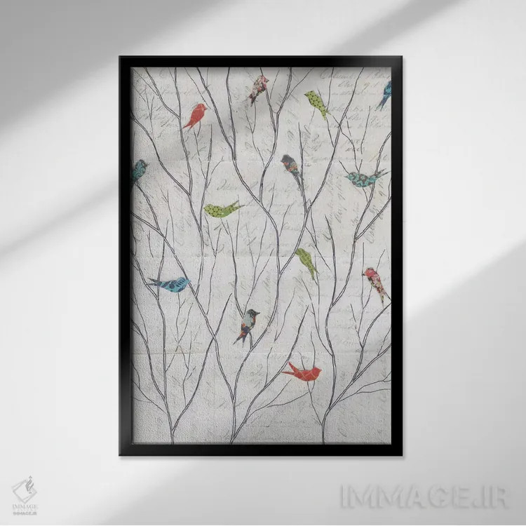 تابلو مدرن پس زمینه پرندگان تابستانی شماره یک اثر کورتنی پرال - نمای قابدار مشکی