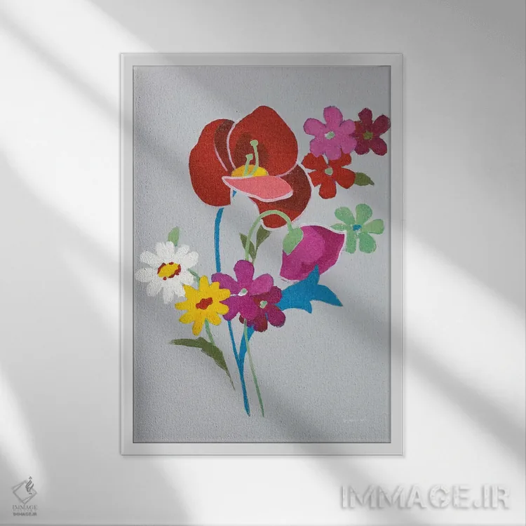 تابلو دکوراتیو دسته گل آلپ II روی پس زمینه خاکستری اثر دان هوی نای - نمای قابدار سفید