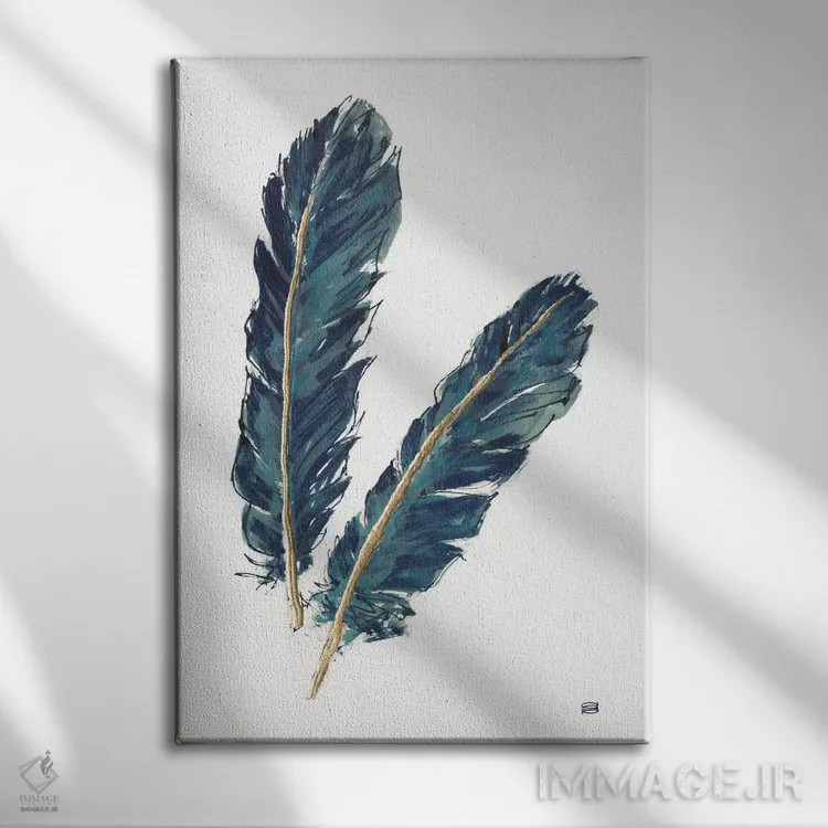 تابلو دکوراتیو Indigo IV,پرهای طلایی، لاجوردی چهارم اثر کریس پاشکه - نمای روبهرو روی دیوار
