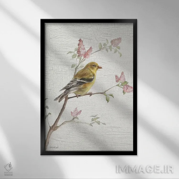 تابلو دکوراتیو Vintage,فنچ طلایی ماده، سبک وینتیج اثر دان هوی نای - نمای قابدار مشکی