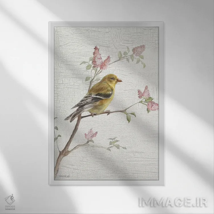 تابلو دکوراتیو Vintage,فنچ طلایی ماده، سبک وینتیج اثر دان هوی نای - نمای قابدار سفید