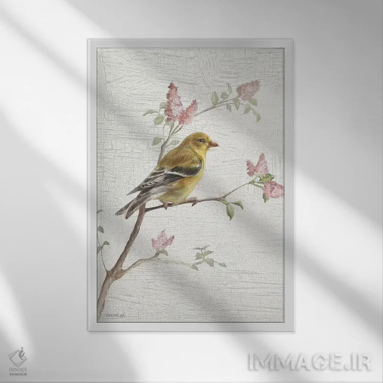 تابلو دکوراتیو Vintage,فنچ طلایی ماده، سبک وینتیج اثر دان هوی نای - نمای قابدار سفید