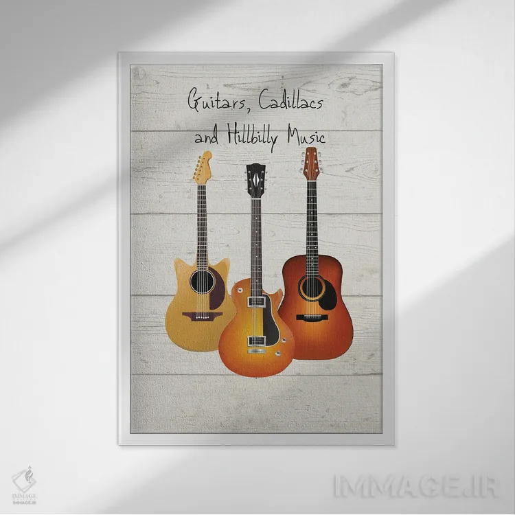 تابلو دکوراتیو Cadillacs And Hillbilly Music,گیتارها، کادیلاک ها و… اثر وردز اند موزیک آرت - نمای قابدار سفید