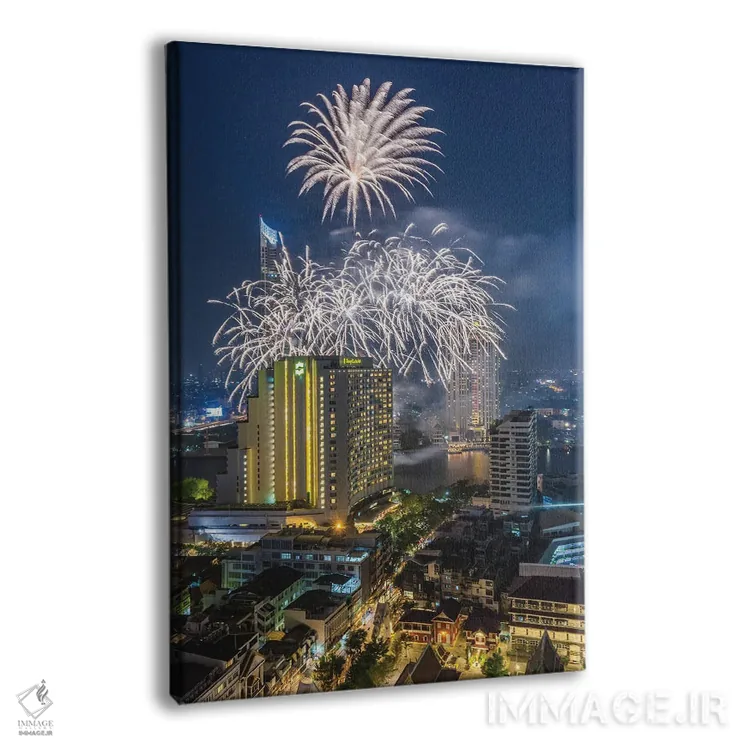 تابلو دکوراتیو Bangkok. Riverside, high angle skyline view with firework… اثر والتر بیبیکوف - نمای پرسپکتیو محصول