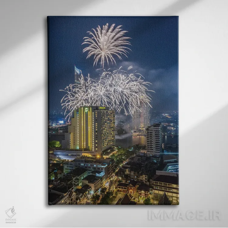 تابلو دکوراتیو Bangkok. Riverside, high angle skyline view with firework… اثر والتر بیبیکوف - نمای روبهرو روی دیوار