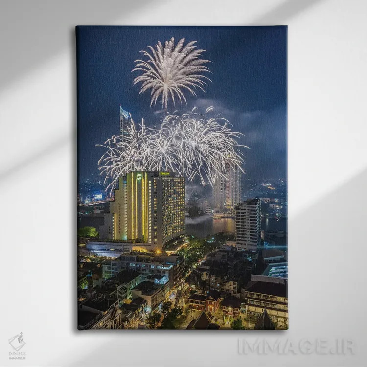 تابلو دکوراتیو Bangkok. Riverside, high angle skyline view with firework… اثر والتر بیبیکوف - نمای روبهرو روی دیوار
