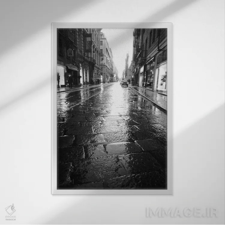 تابلو دکوراتیو Turin, Piedmont Region, Italy,خیابان خیـس در شب، تورین، م… اثر والتر بیبیکوف - نمای قابدار سفید