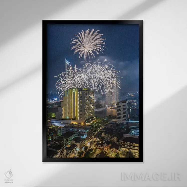 تابلو دکوراتیو Bangkok. Riverside, high angle skyline view with firework… اثر والتر بیبیکوف - نمای قابدار مشکی