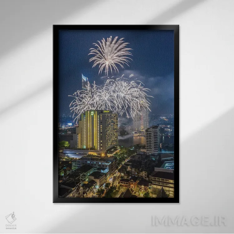 تابلو دکوراتیو Bangkok. Riverside, high angle skyline view with firework… اثر والتر بیبیکوف - نمای قابدار مشکی