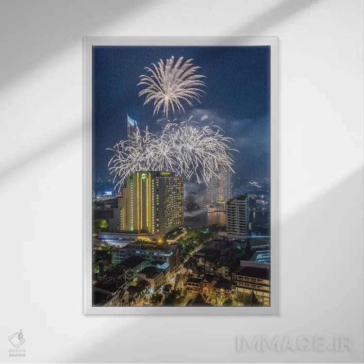 تابلو دکوراتیو Bangkok. Riverside, high angle skyline view with firework… اثر والتر بیبیکوف - نمای قابدار سفید