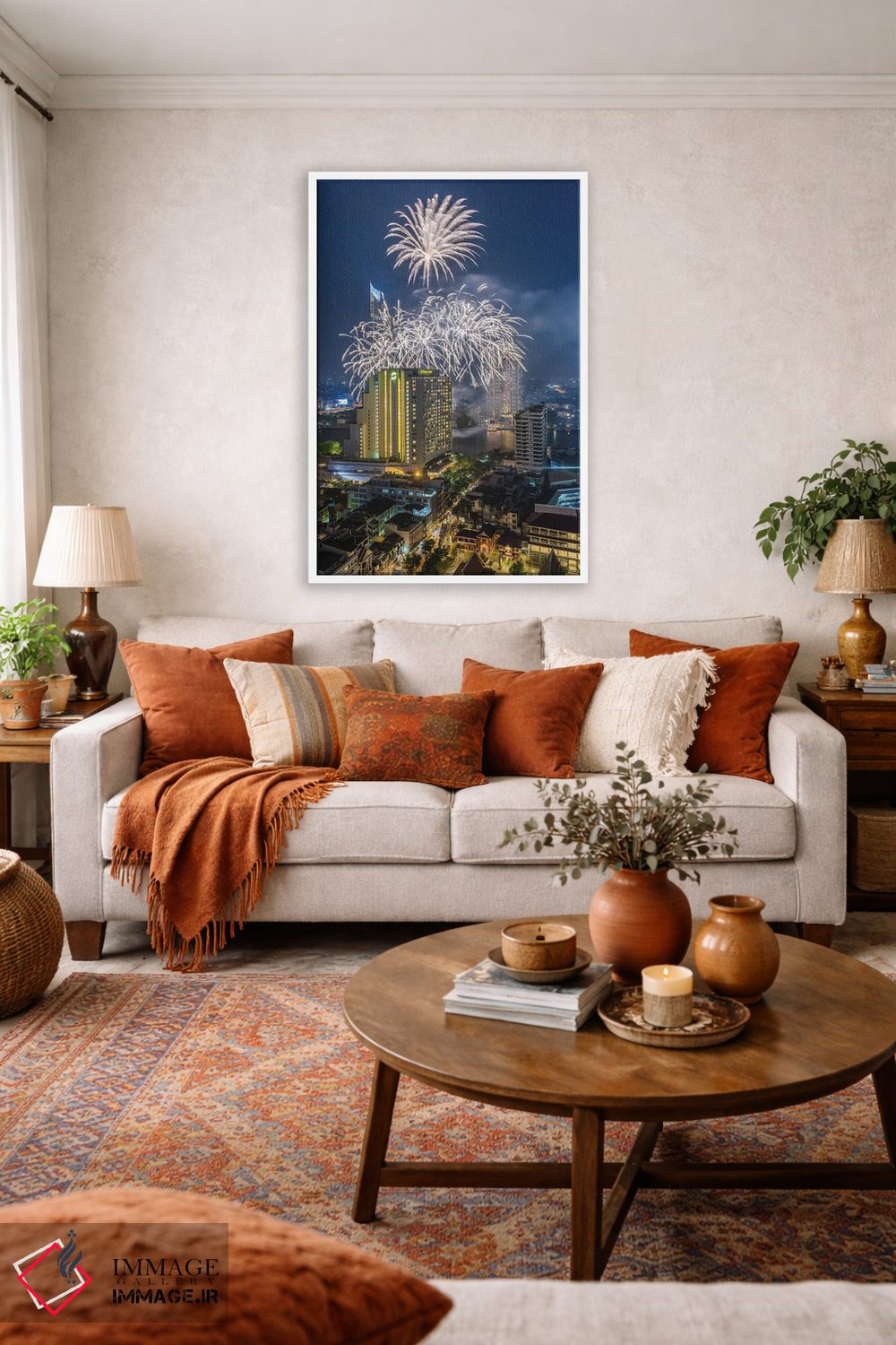 تابلو دکوراتیو Bangkok. Riverside, high angle skyline view with firework… اثر والتر بیبیکوف - D1W