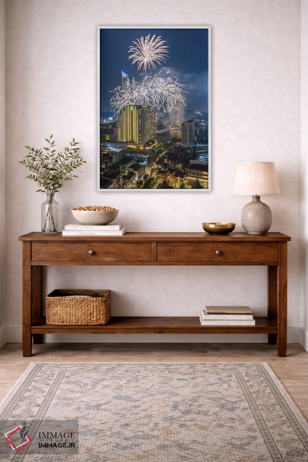 تابلو دکوراتیو Bangkok. Riverside, high angle skyline view with firework… اثر والتر بیبیکوف - D2W