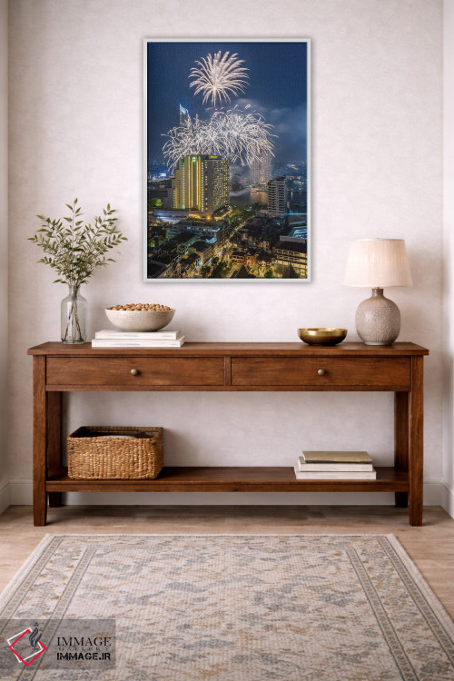 تابلو دکوراتیو Bangkok. Riverside, high angle skyline view with firework… اثر والتر بیبیکوف - D2W