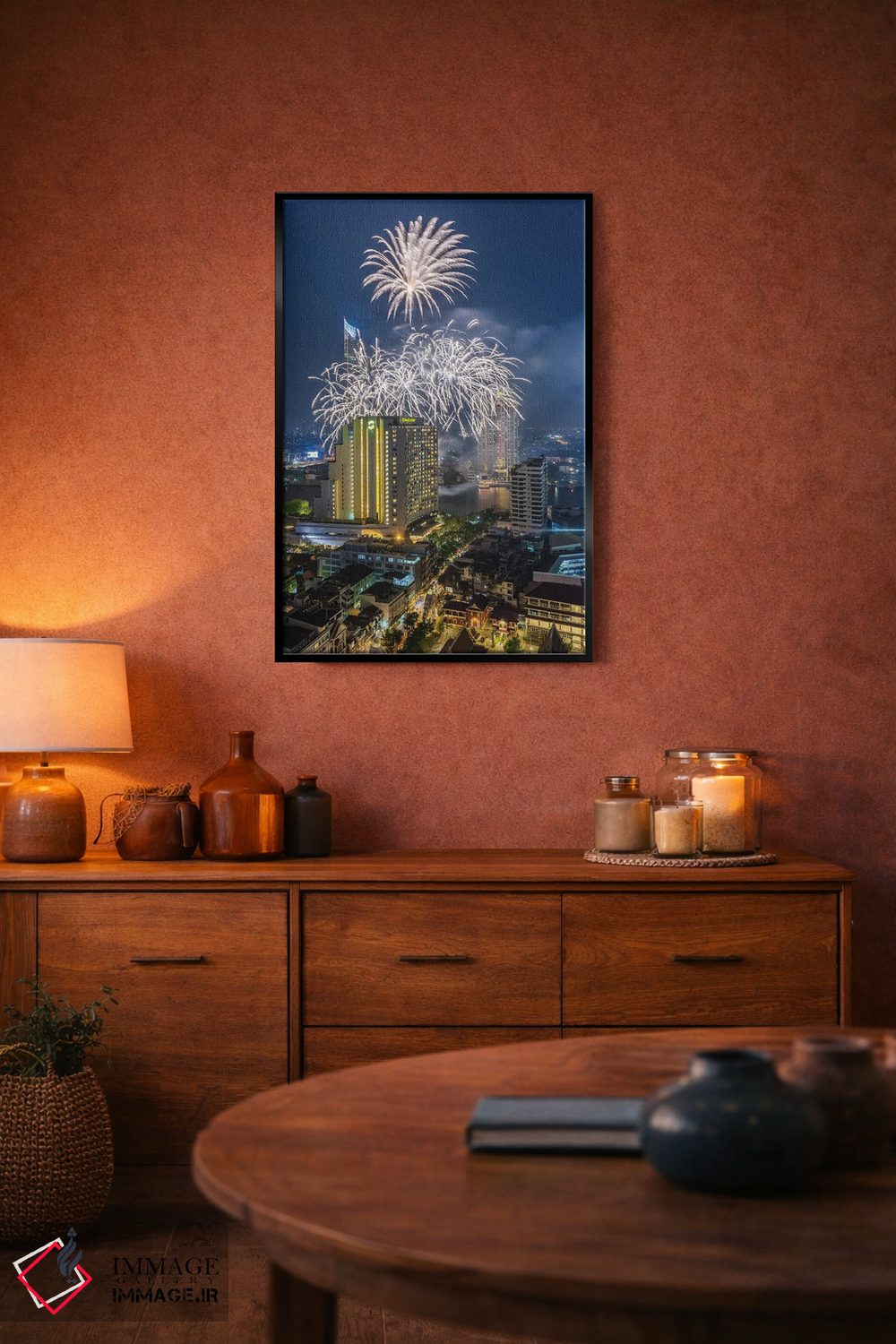 تابلو دکوراتیو Bangkok. Riverside, high angle skyline view with firework… اثر والتر بیبیکوف - D4B