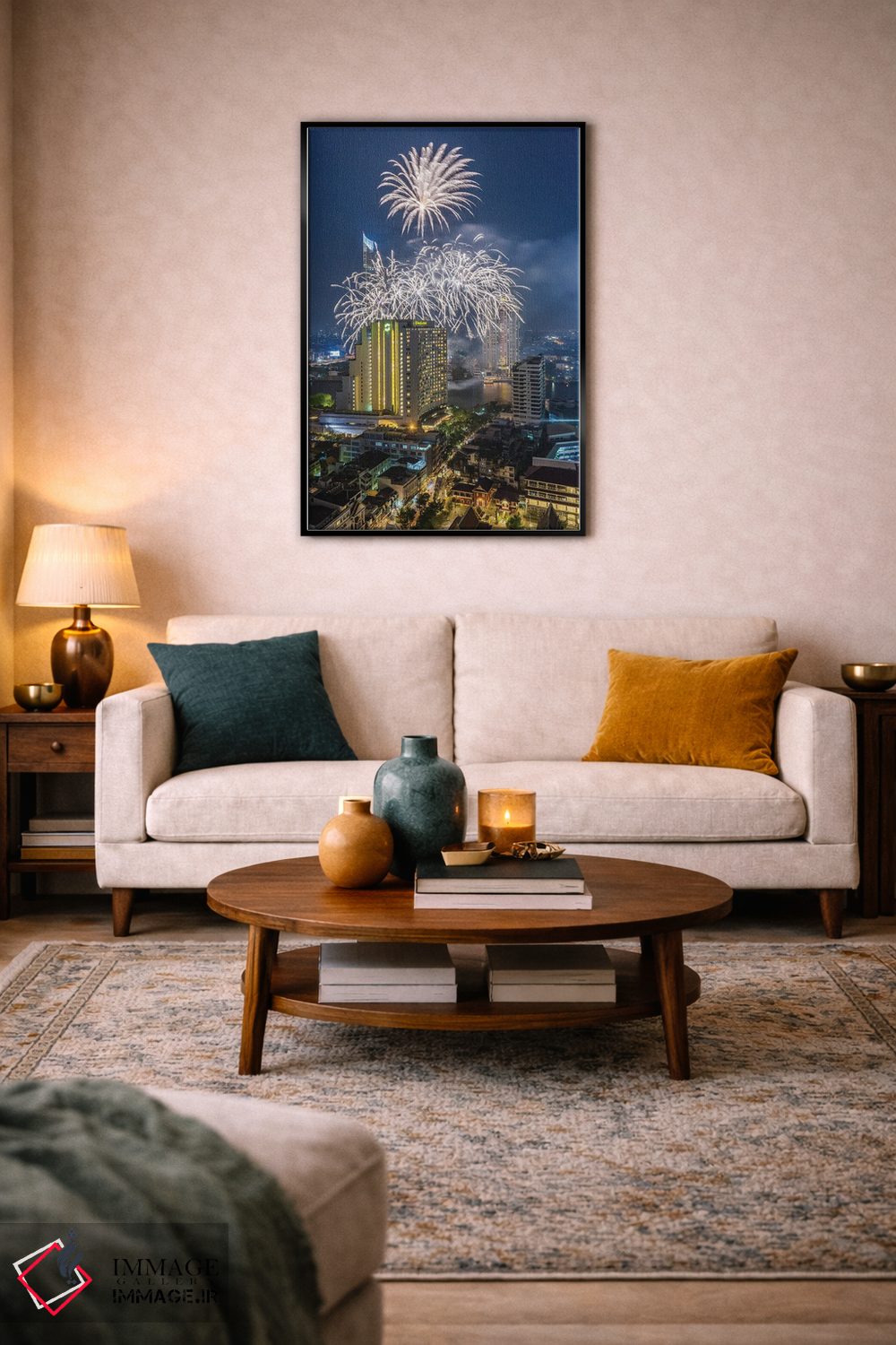 تابلو دکوراتیو Bangkok. Riverside, high angle skyline view with firework… اثر والتر بیبیکوف - D3B