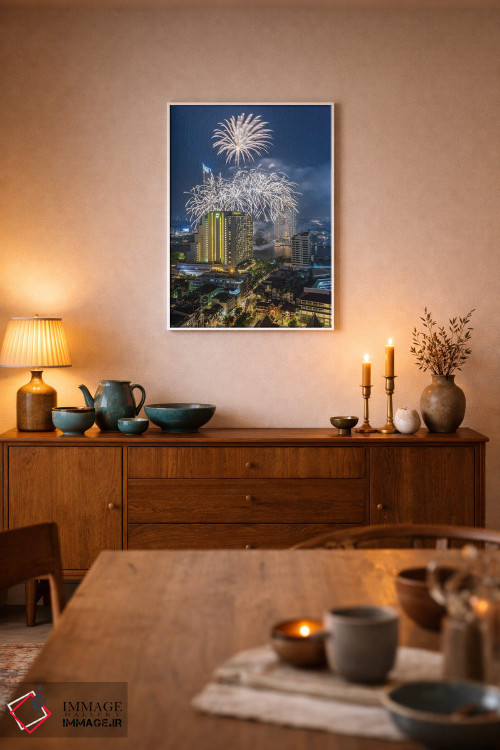تابلو دکوراتیو Bangkok. Riverside, high angle skyline view with firework… اثر والتر بیبیکوف - D5W