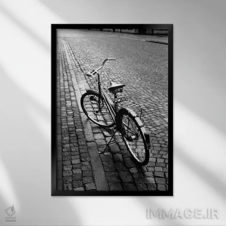 تابلو دکوراتیو دوچرخه قدیمی روی سنگفرش سیاه وسفید اثر والتر بیبیکوف - نمای قابدار مشکی