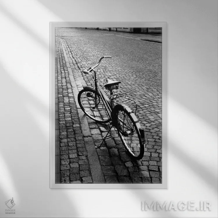 تابلو دکوراتیو دوچرخه قدیمی روی سنگفرش سیاه وسفید اثر والتر بیبیکوف - نمای قابدار سفید