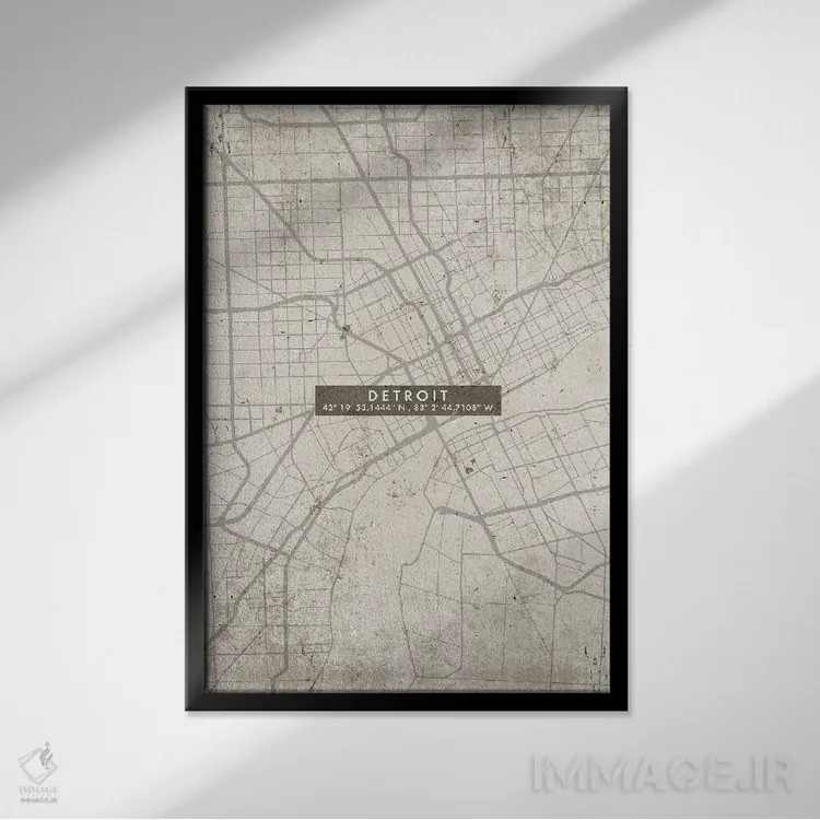 تابلو دکوراتیو نقشه انتزاعی شهر دیترویت اثر وال دکور ادیکت - نمای قابدار مشکی