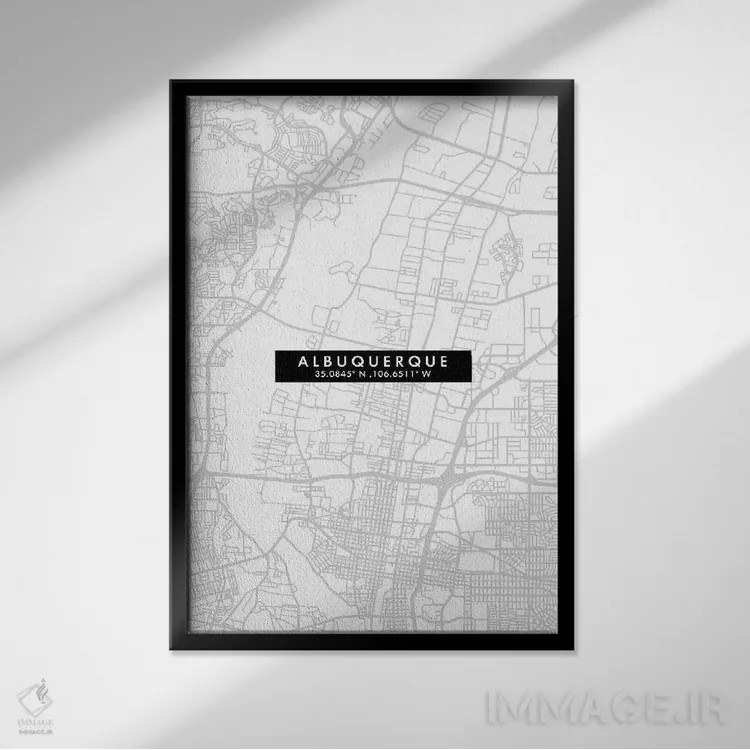 تابلو دکوراتیو New Mexico, City Map Minimal Style,نقشه ساده شهری آلبوکر… اثر وال دکور ادیکت - نمای قابدار مشکی
