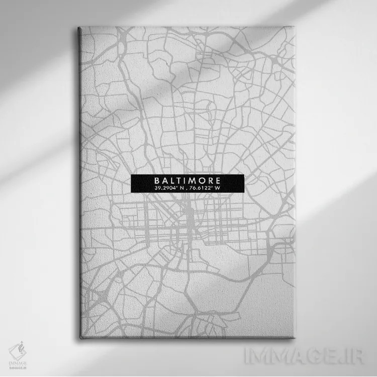 تابلو دکوراتیو City Map Minimal Style,نقشه ساده شهری بالتیمور اثر وال دکور ادیکت - نمای روبهرو روی دیوار