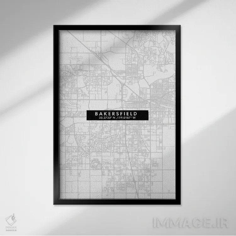 تابلو دکوراتیو California City Map Minimal Style,نقشه ساده شهری بیکرزفی… اثر وال دکور ادیکت - نمای قابدار مشکی