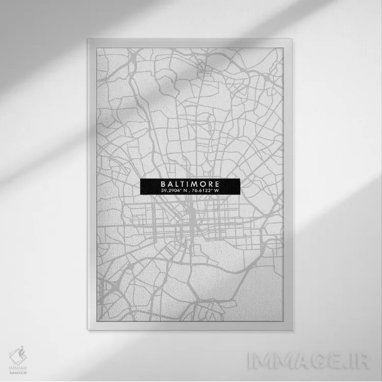 تابلو دکوراتیو City Map Minimal Style,نقشه ساده شهری بالتیمور اثر وال دکور ادیکت - نمای قابدار سفید